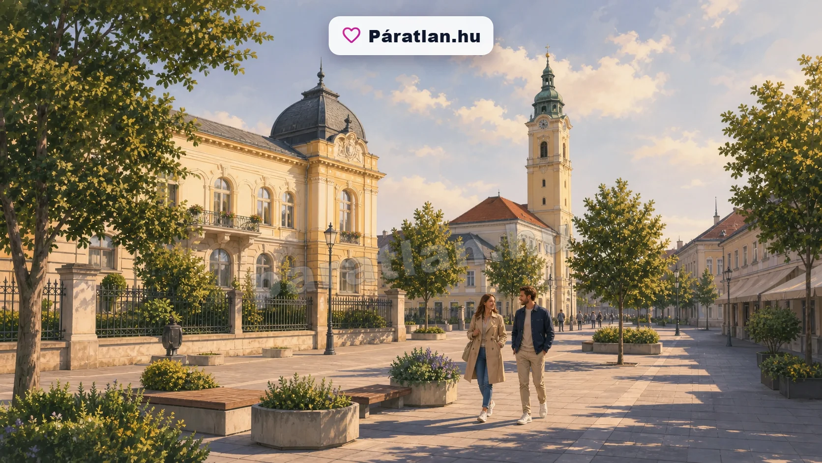 Kaposvár városi hangulat egy sétáló párral