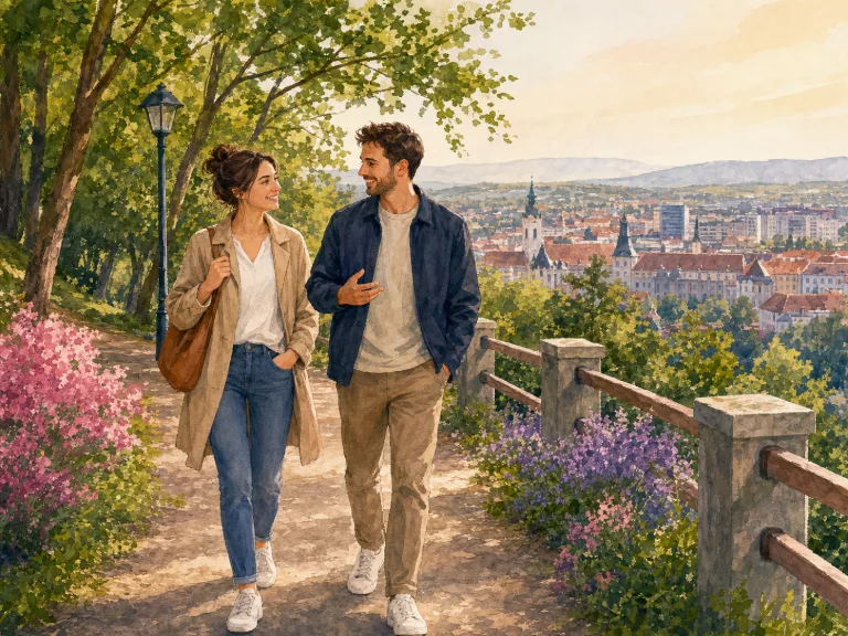 Pár sétál a Somostetőn a marosvásárhelyi panorámával