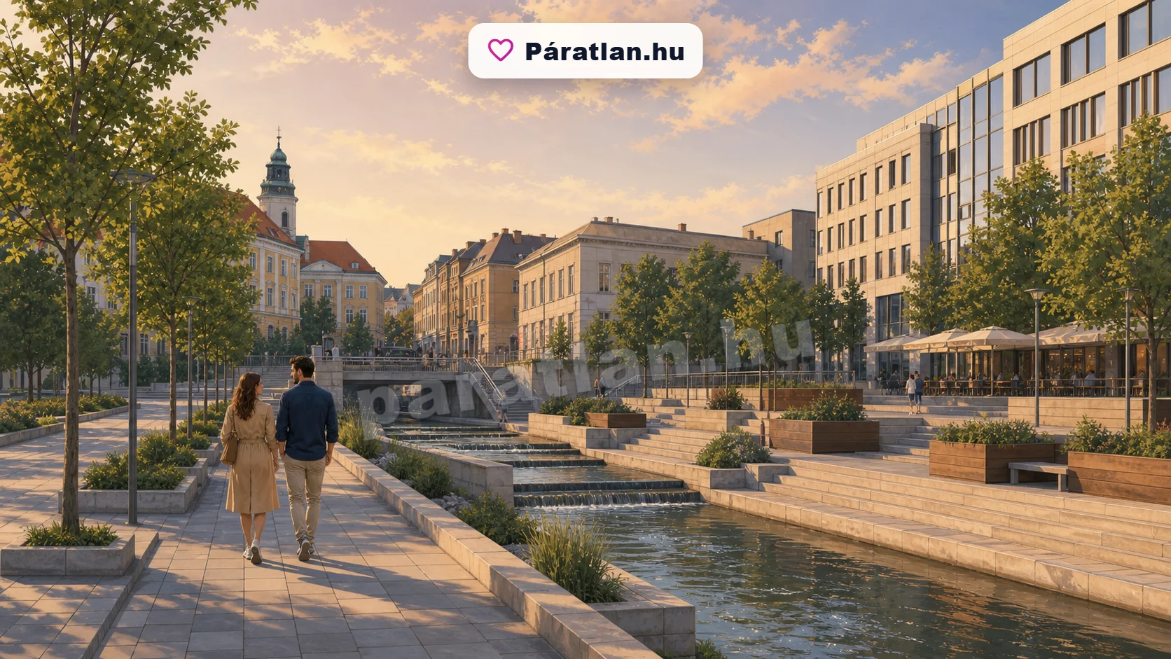 Miskolc városi hangulat egy sétáló párral